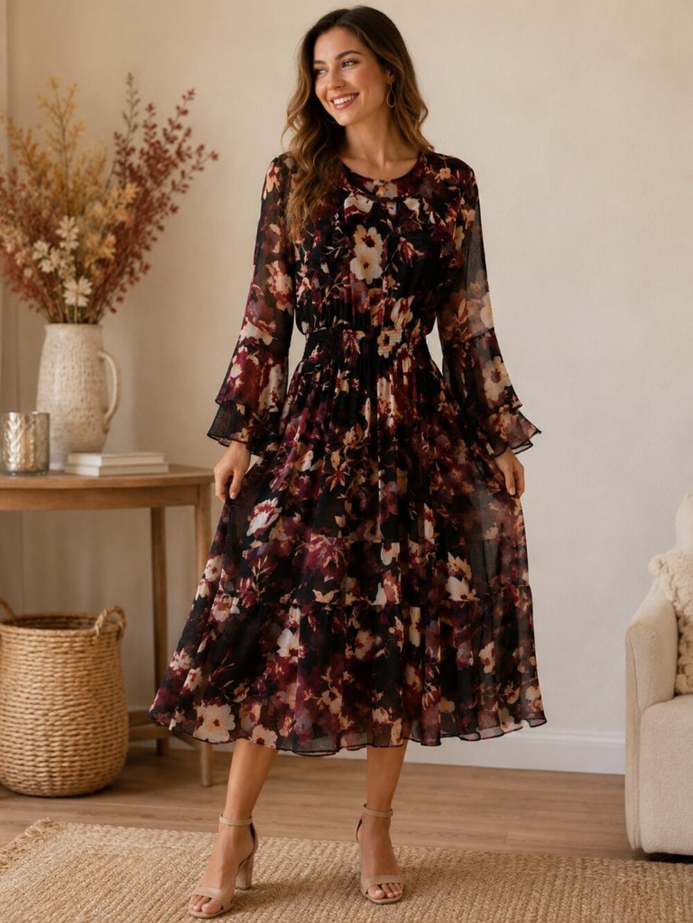 Reba Floral Ruffle Sleeve Midi Dress Size Small